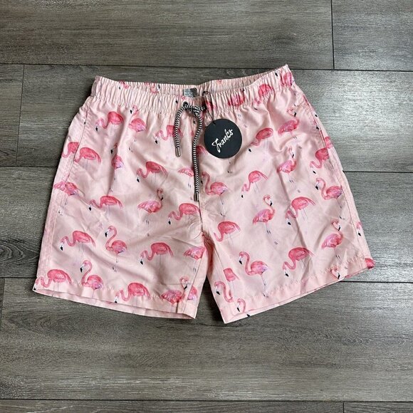 Franks Australia Shorts Size L Flamingos Broadbeach Swim Trunks Pink White - Picture 1 of 4